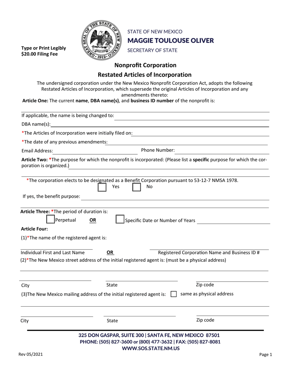 Domestic Nonprofit Corporation Restated Articles of Incorporation - New Mexico, Page 2