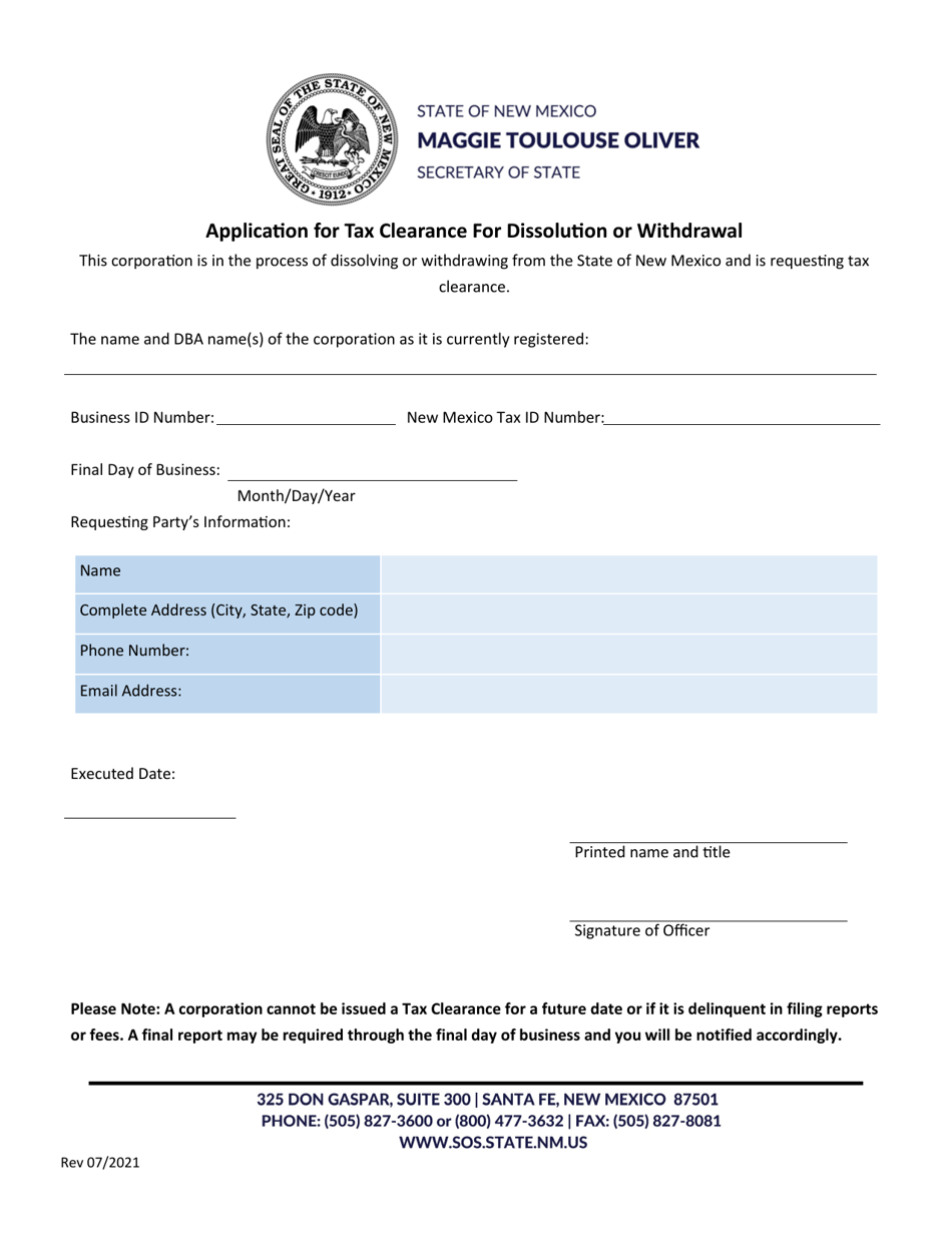 Application for Tax Clearance for Dissolution or Withdrawal - New Mexico, Page 1