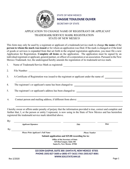 Application to Change Name of Registrant or Applicant Trademark/Service Mark Registration - New Mexico