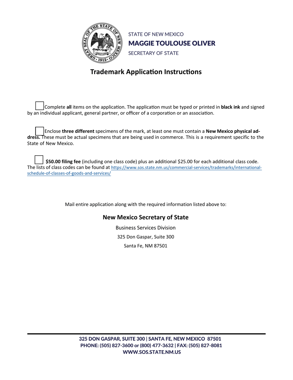 Application for Registration of Trademark / Service Mark - New Mexico, Page 1