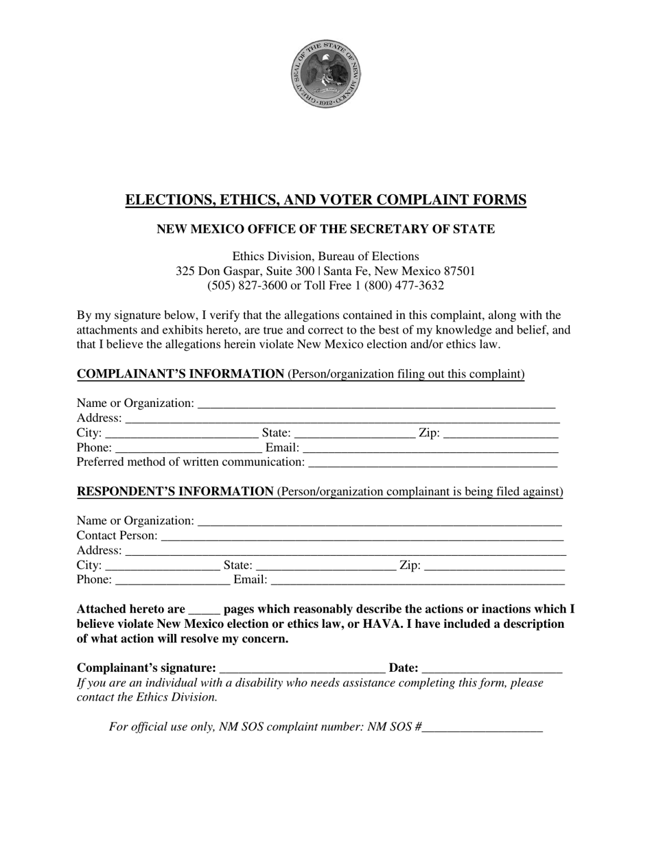 Elections, Ethics, and Voter Complaint Forms - New Mexico, Page 2