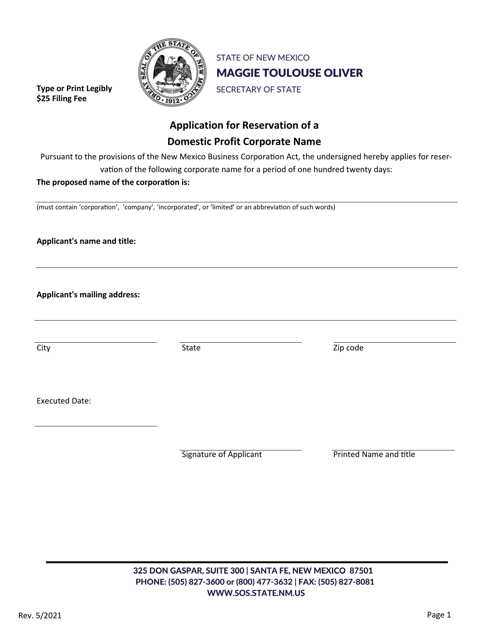 Application for Reservation of a Domestic Profit Corporate Name - New Mexico