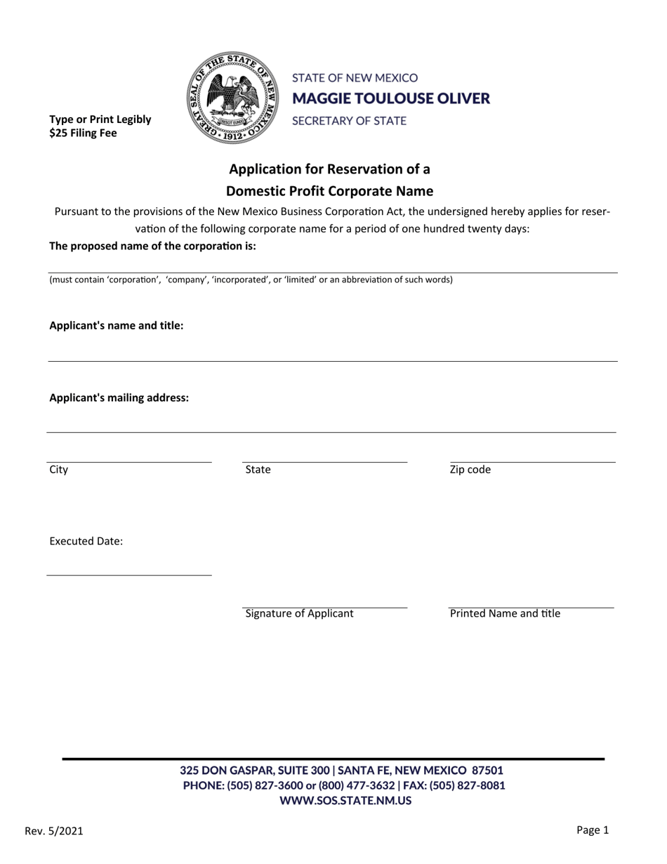 Application for Reservation of a Domestic Profit Corporate Name - New Mexico, Page 1