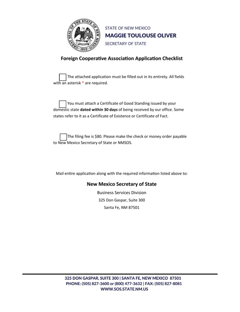 Foreign Cooperative Association Application for Certificate of Authority - New Mexico Download Pdf