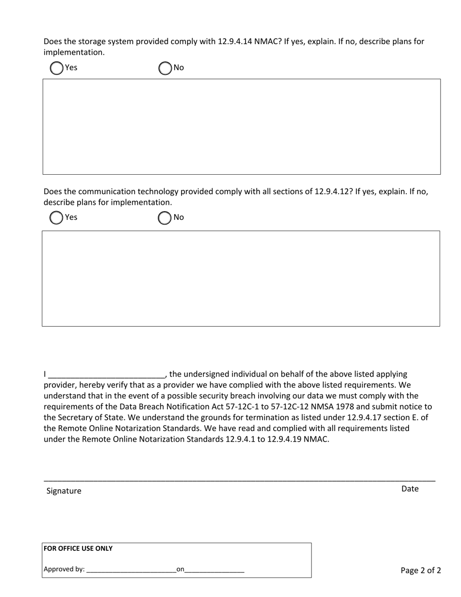 Remote Notarization System Provider Application - New Mexico, Page 2