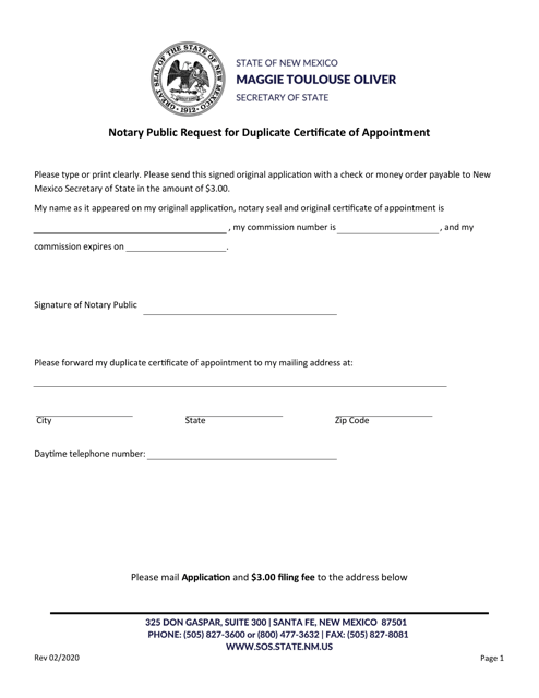 Notary Public Request for Duplicate Certificate of Appointment - New Mexico