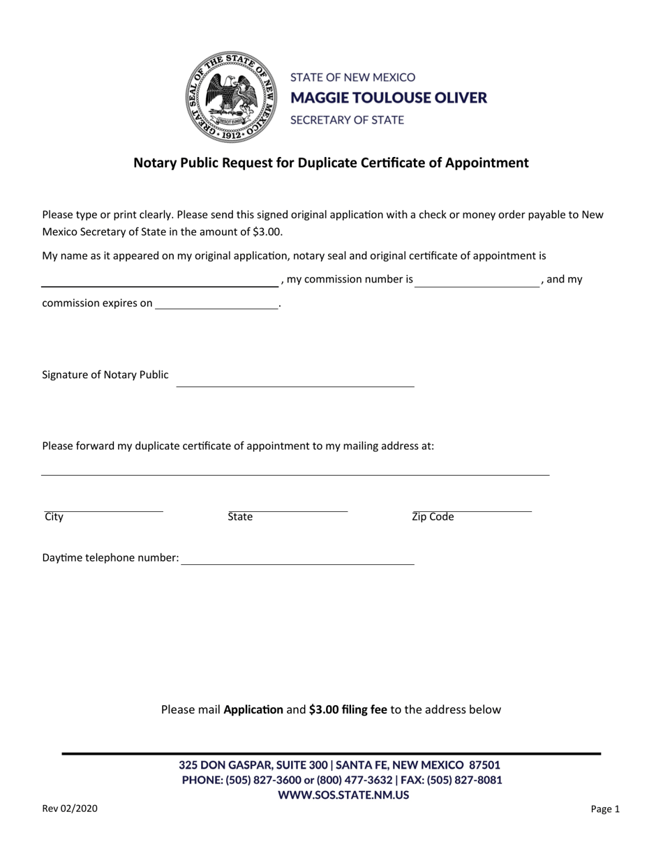 Notary Public Request for Duplicate Certificate of Appointment - New Mexico, Page 1