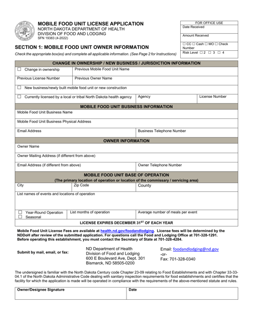 Form SFN19383 Mobile Food Unit License Application - North Dakota