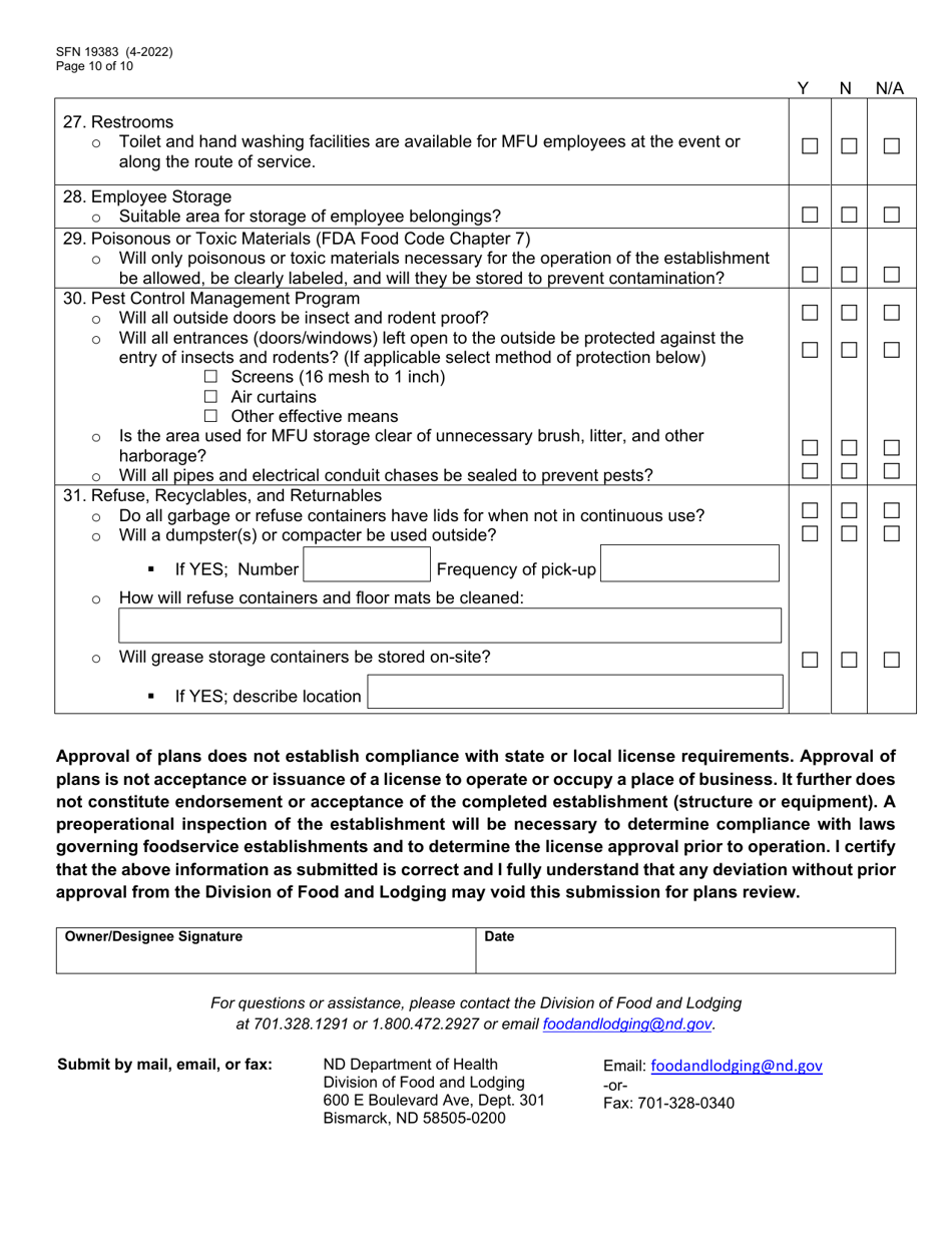 Form SFN19383 Mobile Food Unit License Application - North Dakota, Page 10