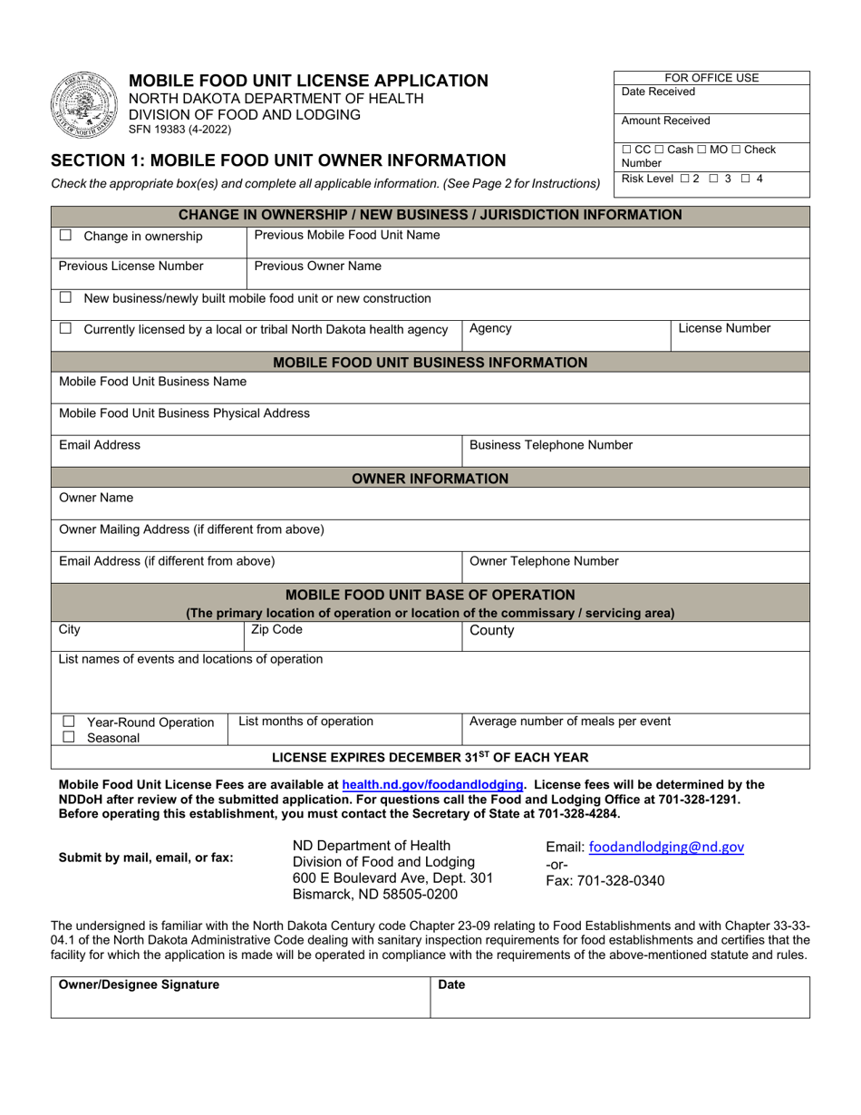 Form SFN19383 Mobile Food Unit License Application - North Dakota, Page 1