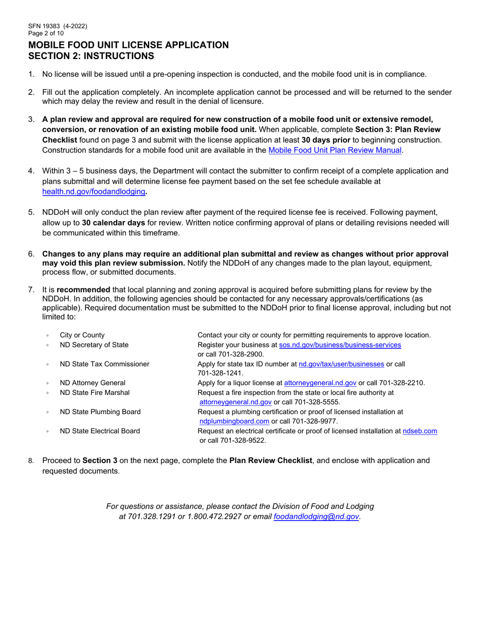 Form SFN19383 Mobile Food Unit License Application - North Dakota, Page 2