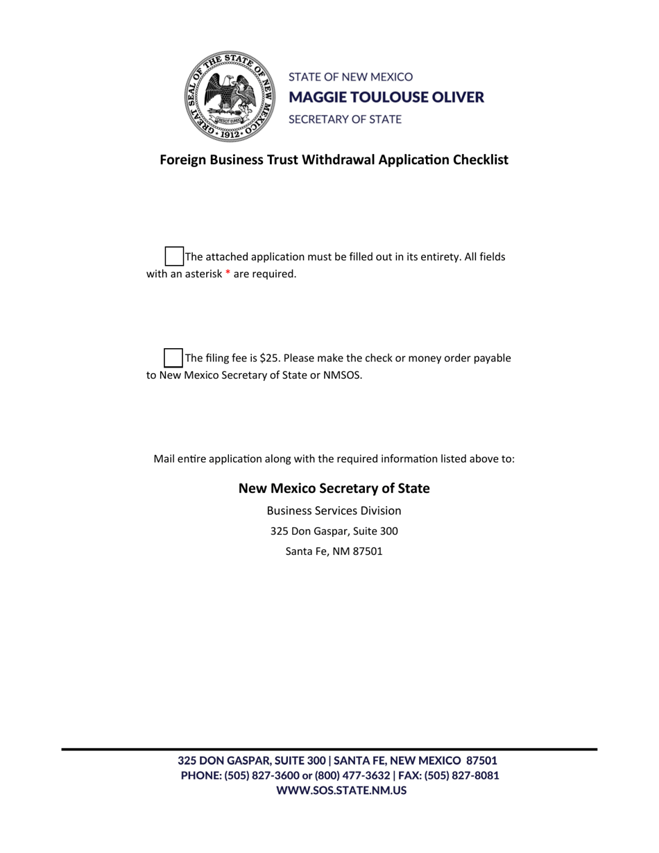 New Mexico Foreign Business Trust Application for Certificate of Withdrawal - Fill Out, Sign ...