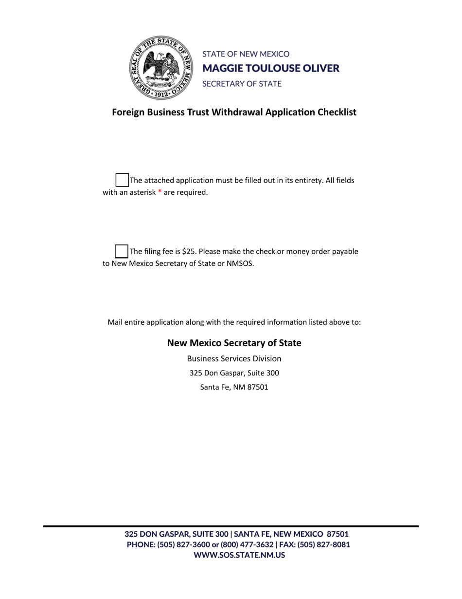 Foreign Business Trust Application for Certificate of Withdrawal - New Mexico, Page 1