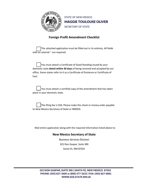 Foreign Profit Corporation Application for Amended Certificate of Authority - New Mexico Download Pdf