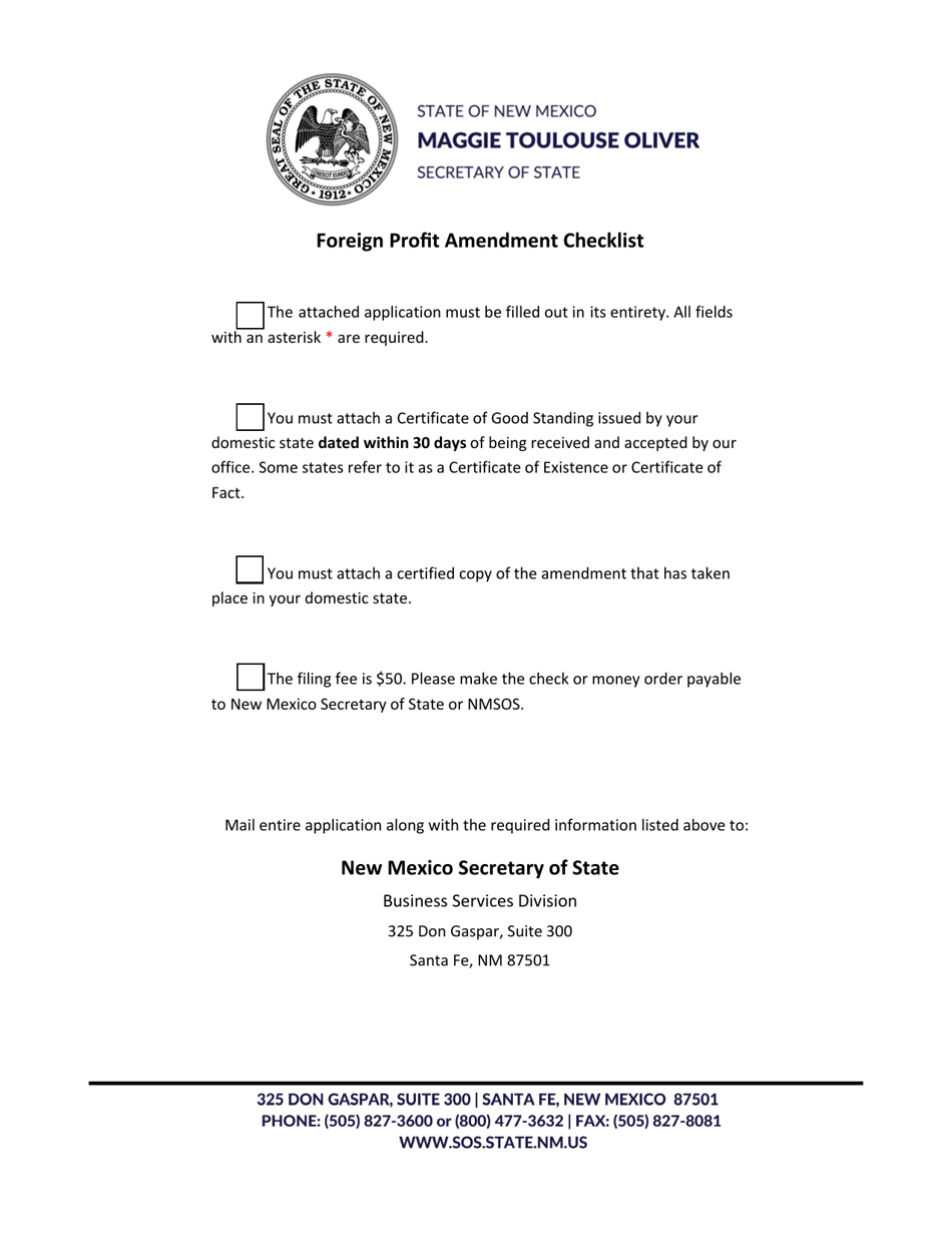 Foreign Profit Corporation Application for Amended Certificate of Authority - New Mexico, Page 1