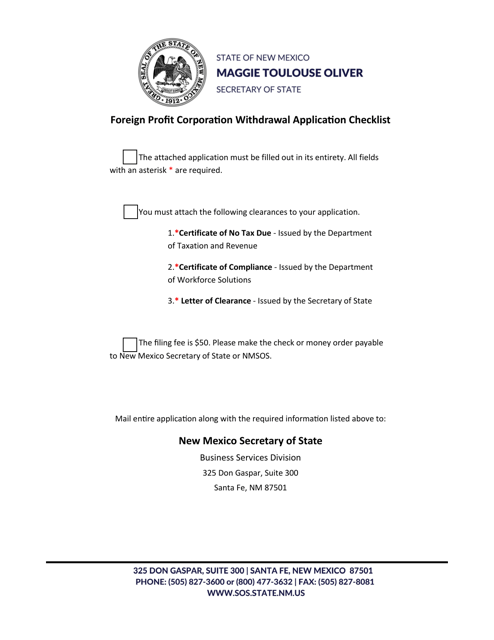 Foreign Profit Corporation Application for Certificate of Withdrawal - New Mexico Download Pdf