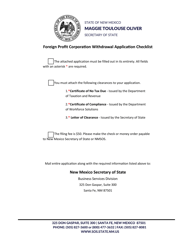 Foreign Profit Corporation Application for Certificate of Withdrawal - New Mexico