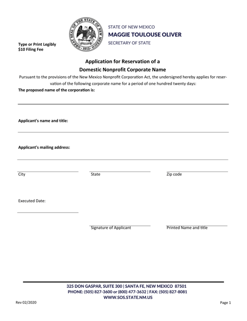 Application for Reservation of a Domestic Nonprofit Corporate Name - New Mexico Download Pdf