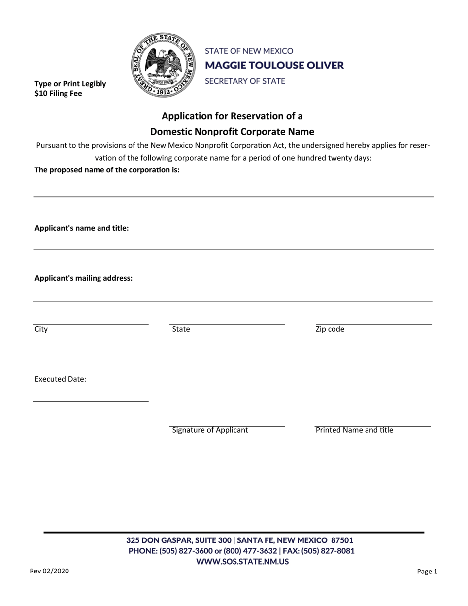 Application for Reservation of a Domestic Nonprofit Corporate Name - New Mexico, Page 1