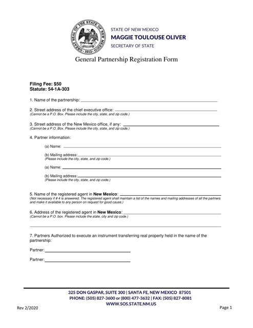 General Partnership Registration Form - New Mexico Download Pdf