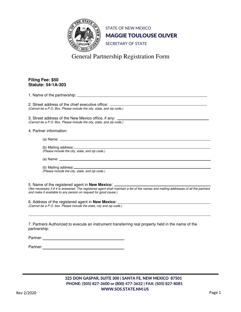 General Partnership Registration Form - New Mexico, Page 1