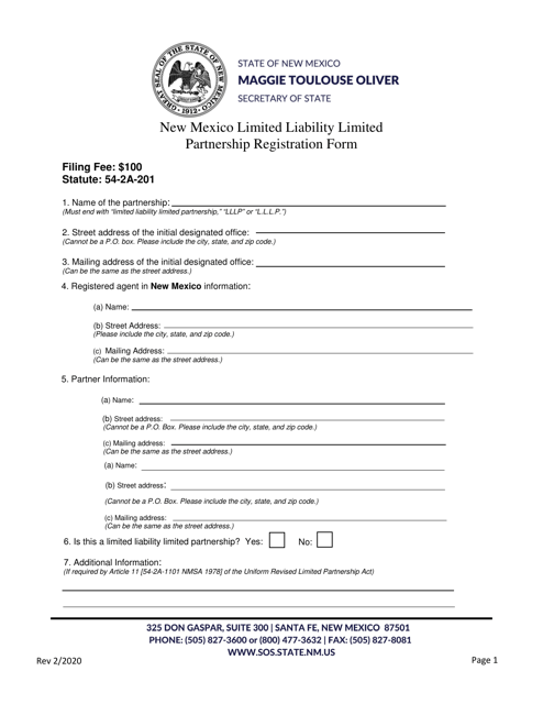 New Mexico Limited Liability Limited Partnership Registration Form - New Mexico Download Pdf