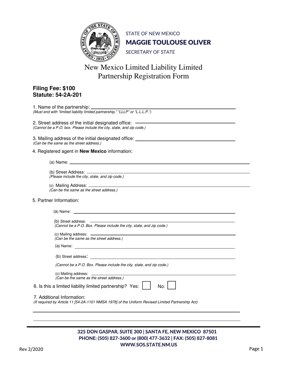 New Mexico Limited Liability Limited Partnership Registration Form - New Mexico, Page 1
