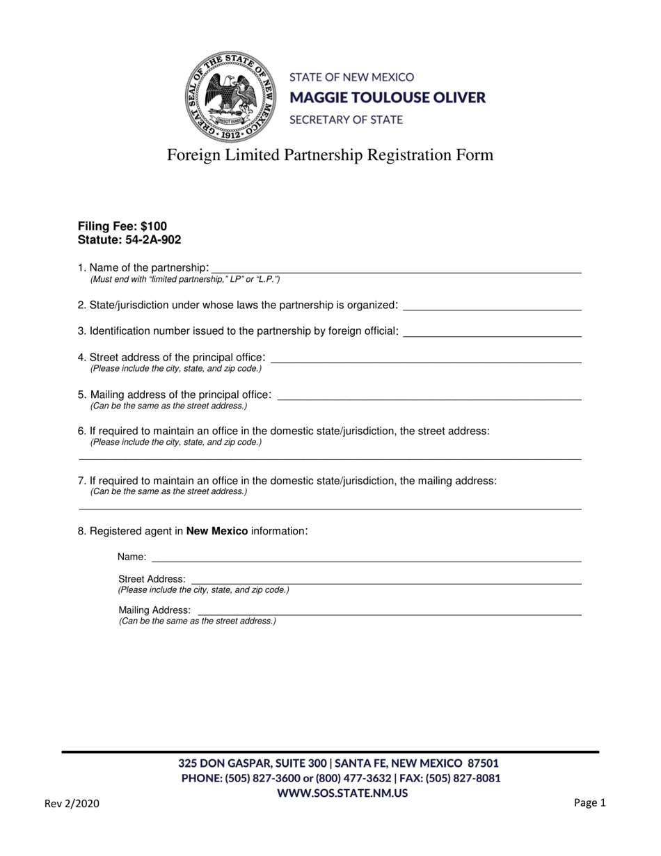 Foreign Limited Partnership Registration Form - New Mexico, Page 1