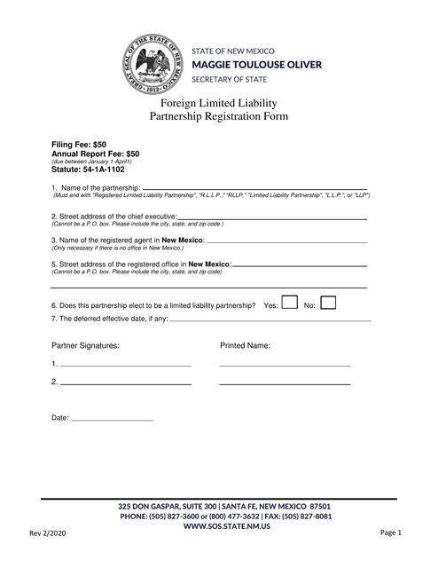 Foreign Limited Liability Partnership Registration Form - New Mexico Download Pdf