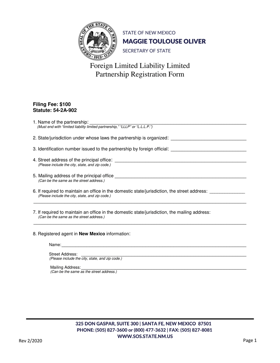 Foreign Limited Liability Limited Partnership Registration Form - New Mexico, Page 1