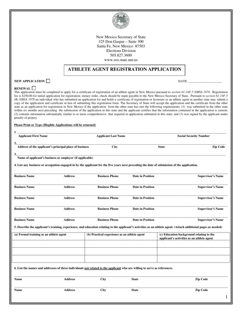 Athlete Agent Registration Application - New Mexico Download Pdf