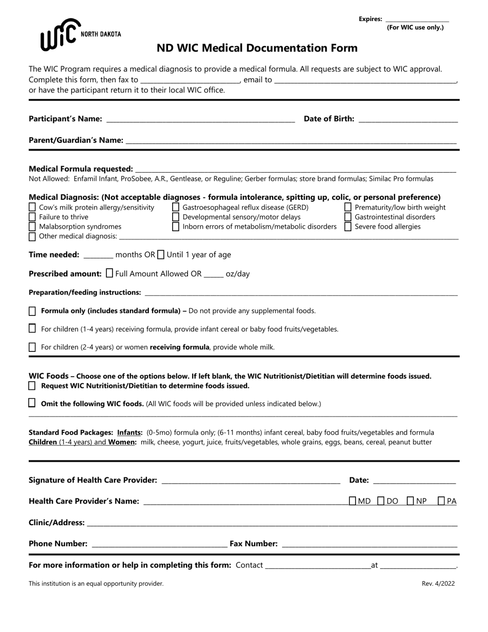 Nd Wic Medical Documentation Form - North Dakota, Page 1