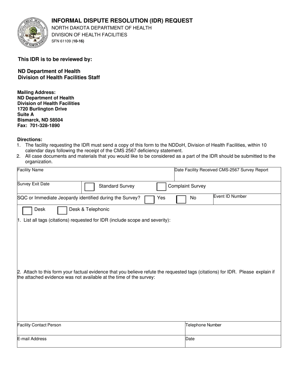 Form SFN61109 Informal Dispute Resolution (Idr) Request - North Dakota, Page 1
