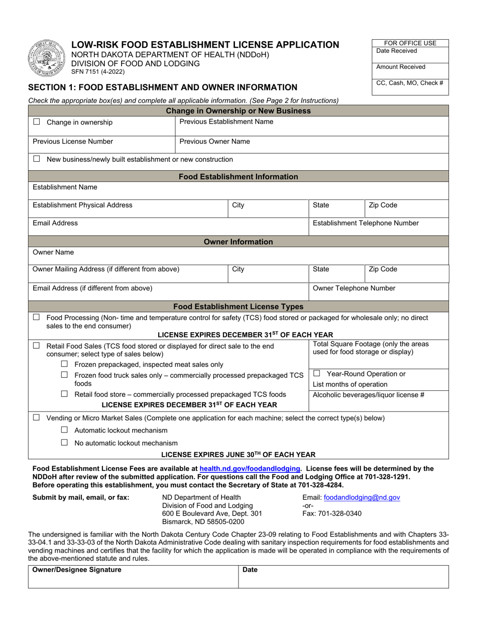 Form SFN7151 Low-Risk Food Establishment License Application - North Dakota, Page 1