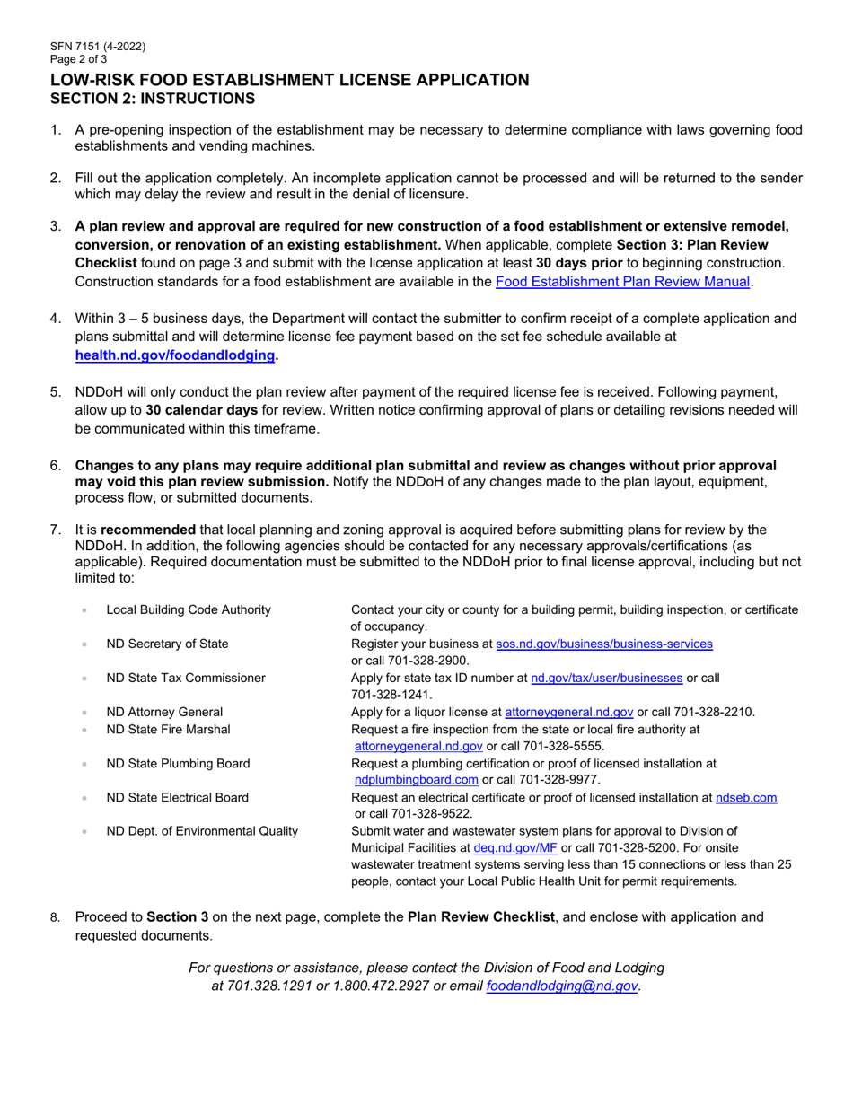 Form SFN7151 Low-Risk Food Establishment License Application - North Dakota, Page 2