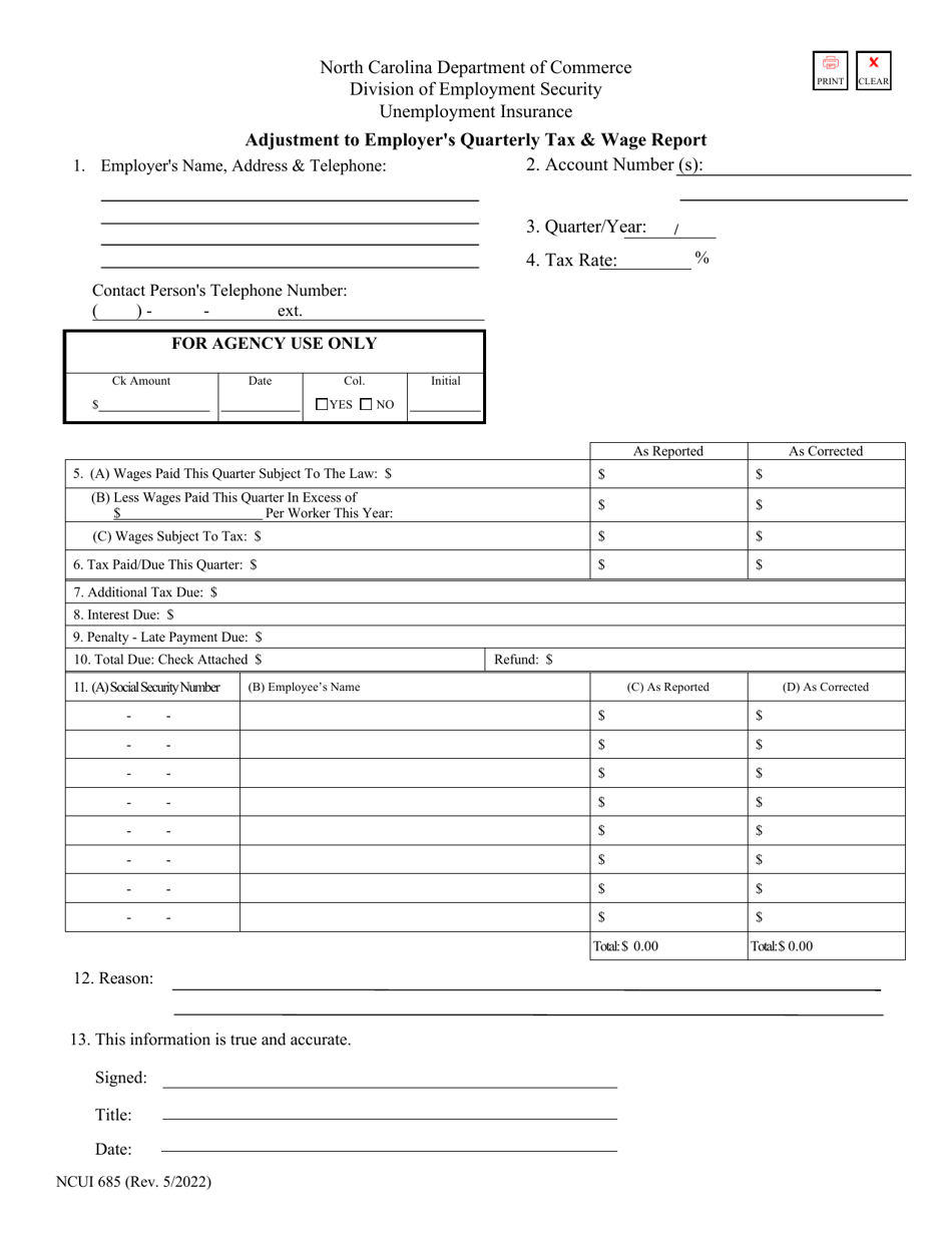 Form NCUI685 Download Fillable PDF or Fill Online Adjustment to