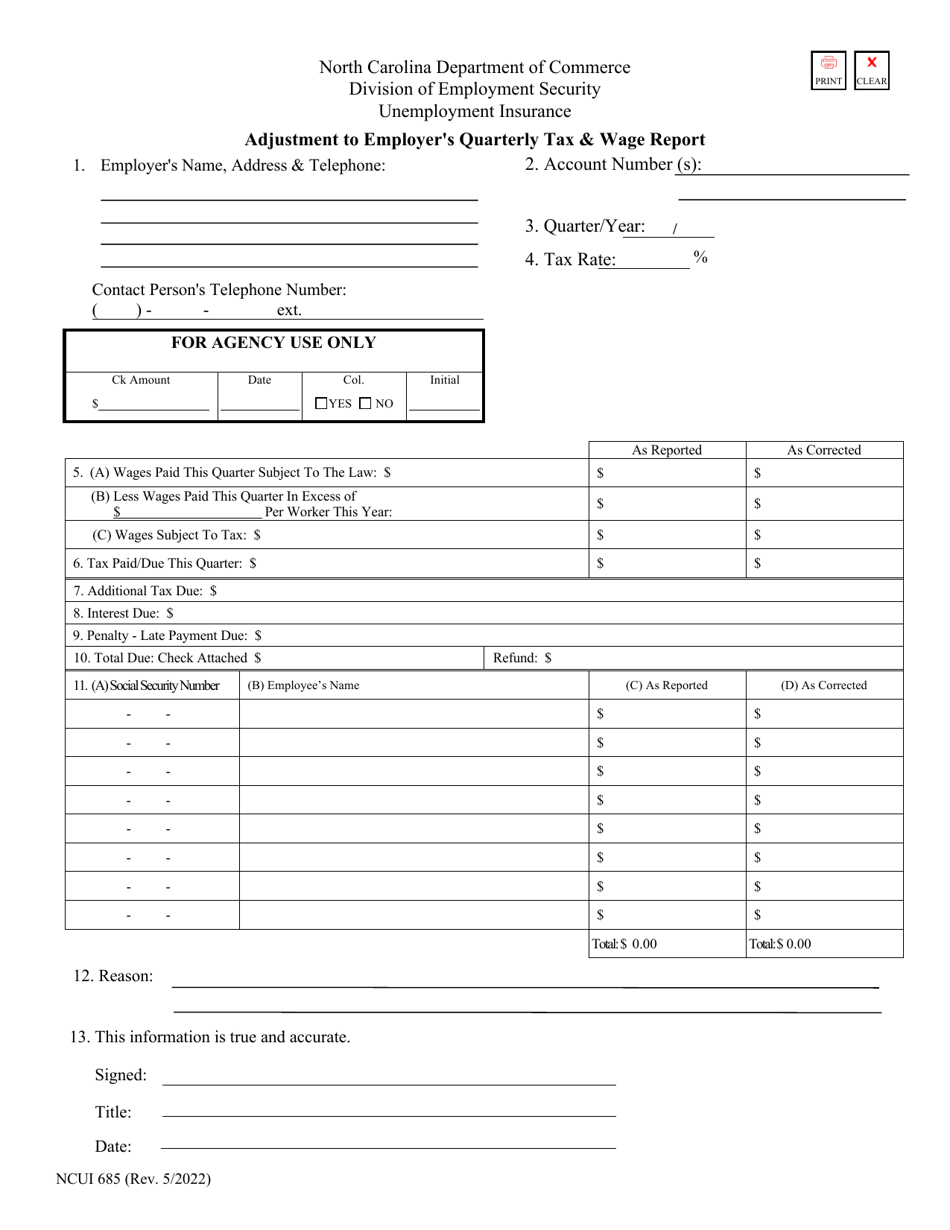 Form NCUI685 Adjustment to Employers Quarterly Tax  Wage Report - North Carolina, Page 1