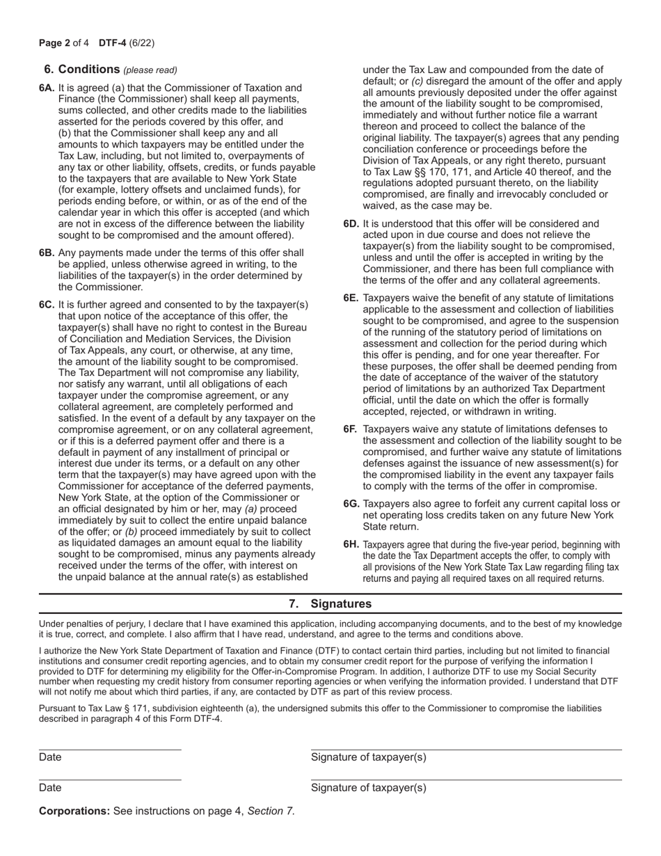 Form DTF-4 Offer in Compromise for Liabilities Not Fixed and Final, and Subject to Administrative Review - New York, Page 2