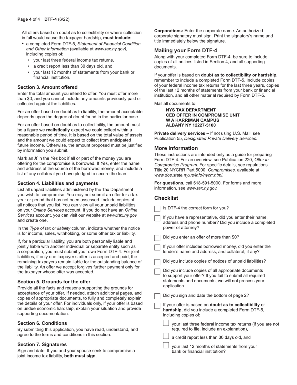 Form DTF-4 Offer in Compromise for Liabilities Not Fixed and Final, and Subject to Administrative Review - New York, Page 4