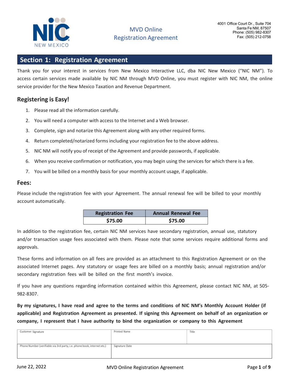 Mvd Online Registration Agreement - New Mexico, Page 1