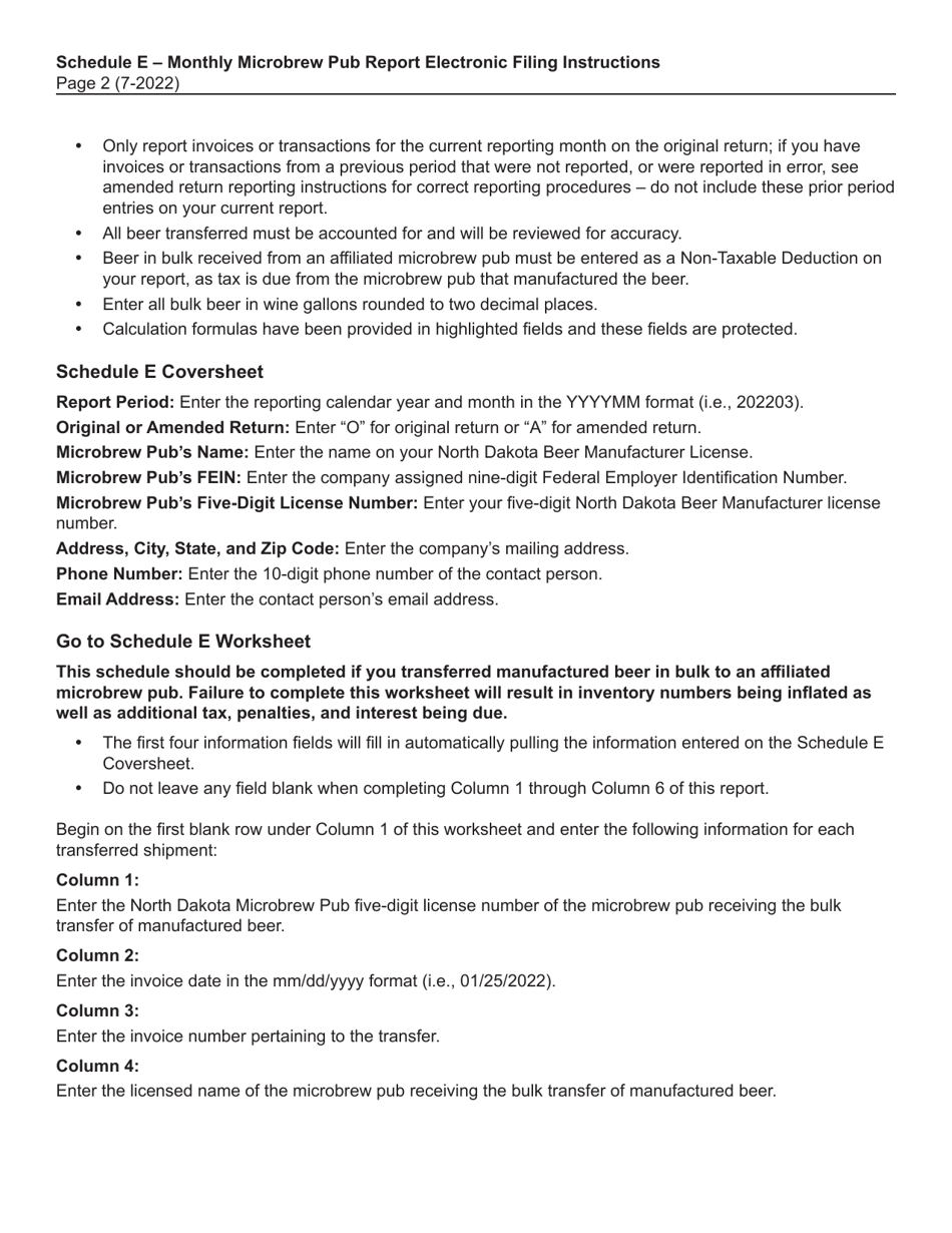 Instructions for Schedule E Monthly Microbrew Pub Report - North Dakota, Page 2