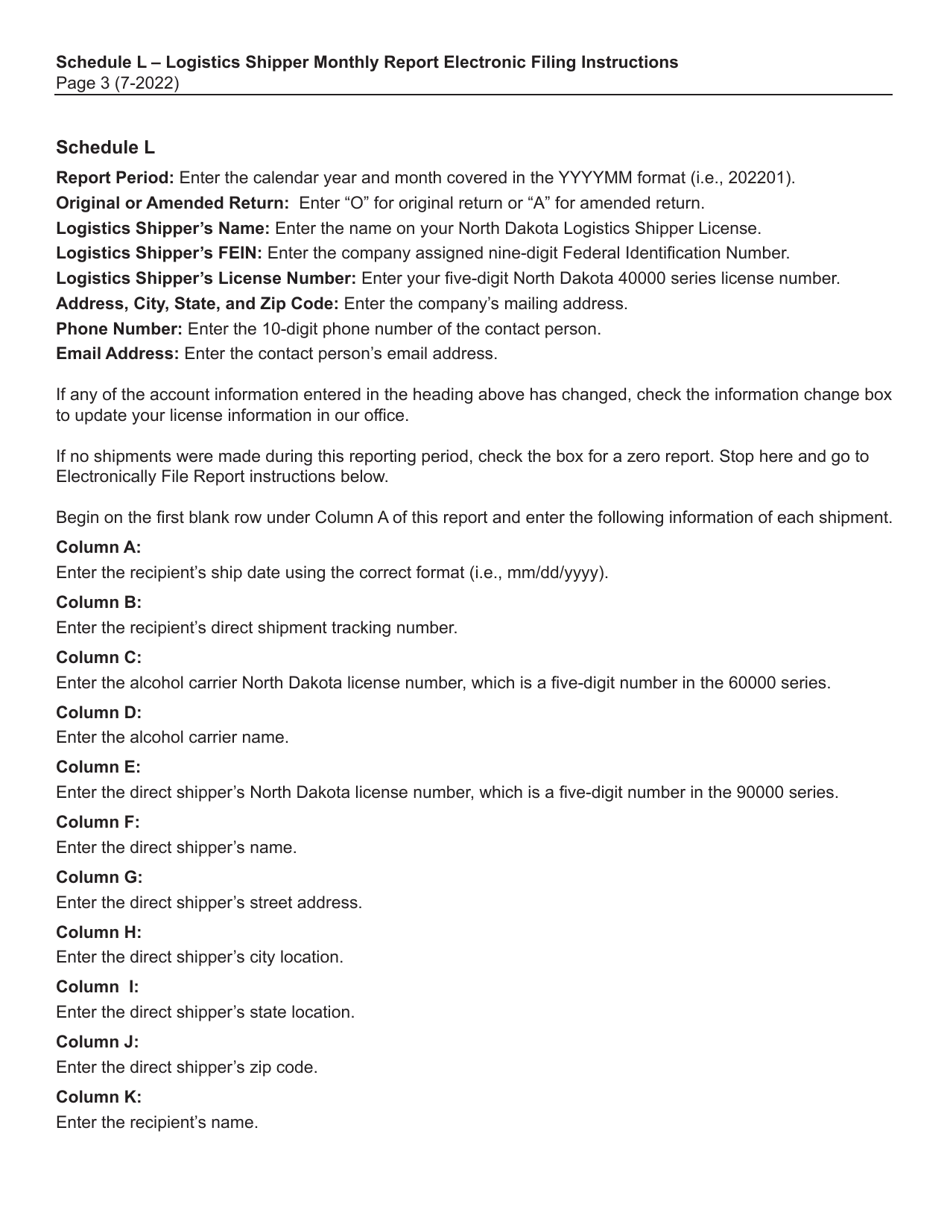 Instructions for Schedule L Logistics Shipper Monthly Report - North Dakota, Page 3