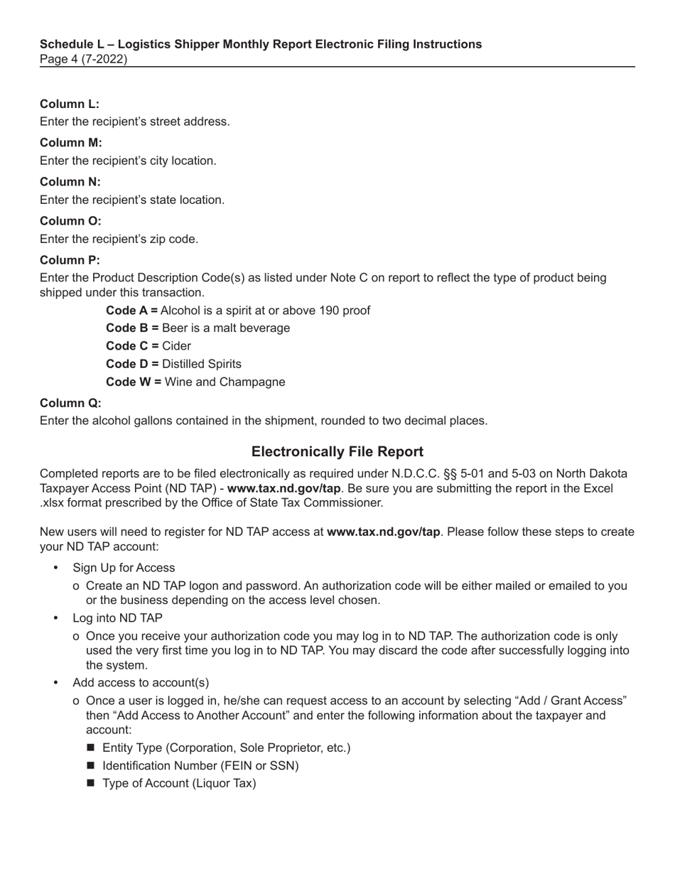 Instructions for Schedule L Logistics Shipper Monthly Report - North Dakota, Page 4