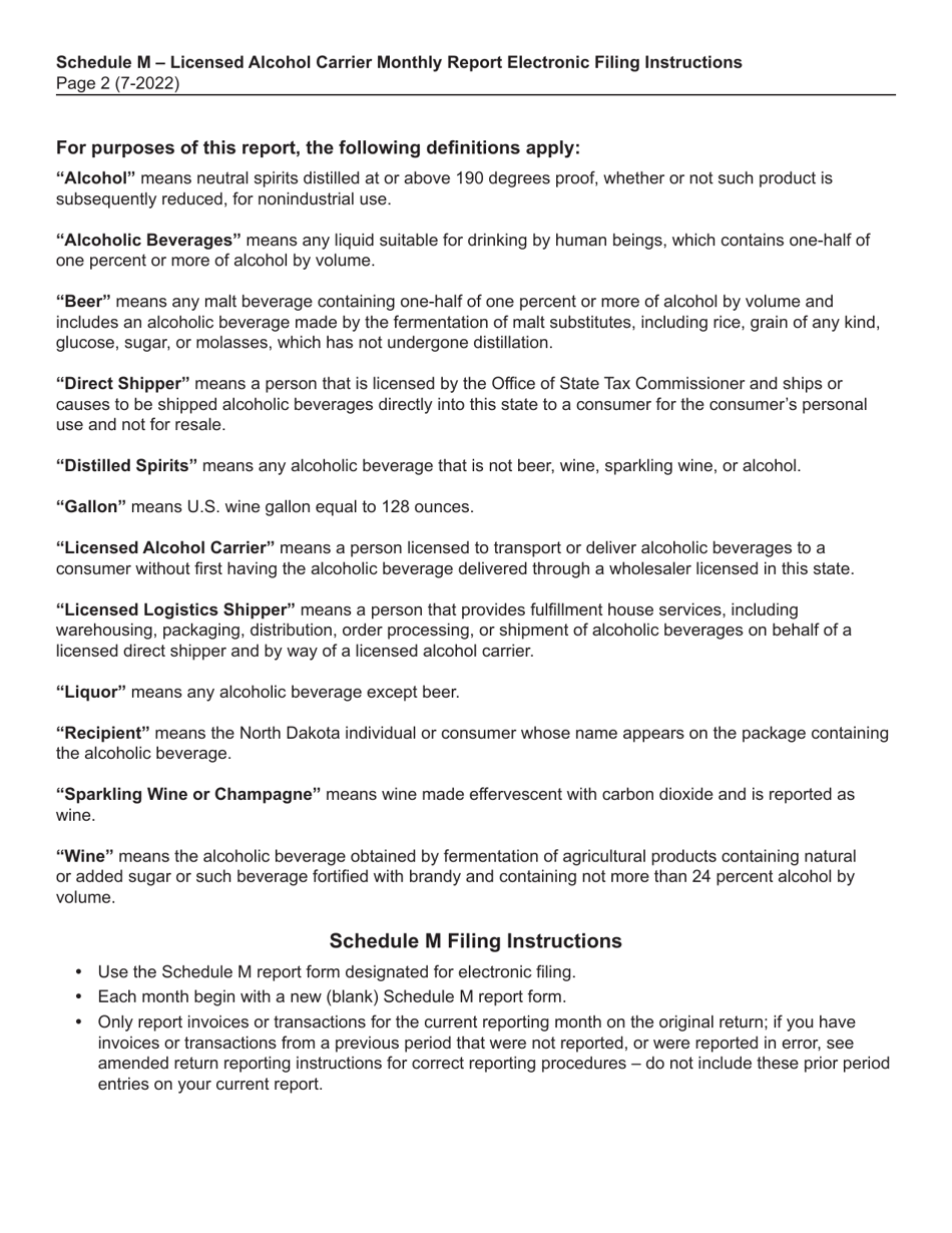 Instructions for Schedule M Licensed Alcohol Carrier Monthly Report - North Dakota, Page 2