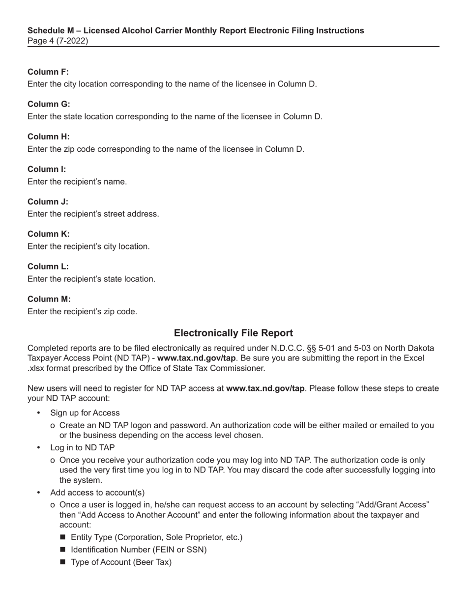 Instructions for Schedule M Licensed Alcohol Carrier Monthly Report - North Dakota, Page 4