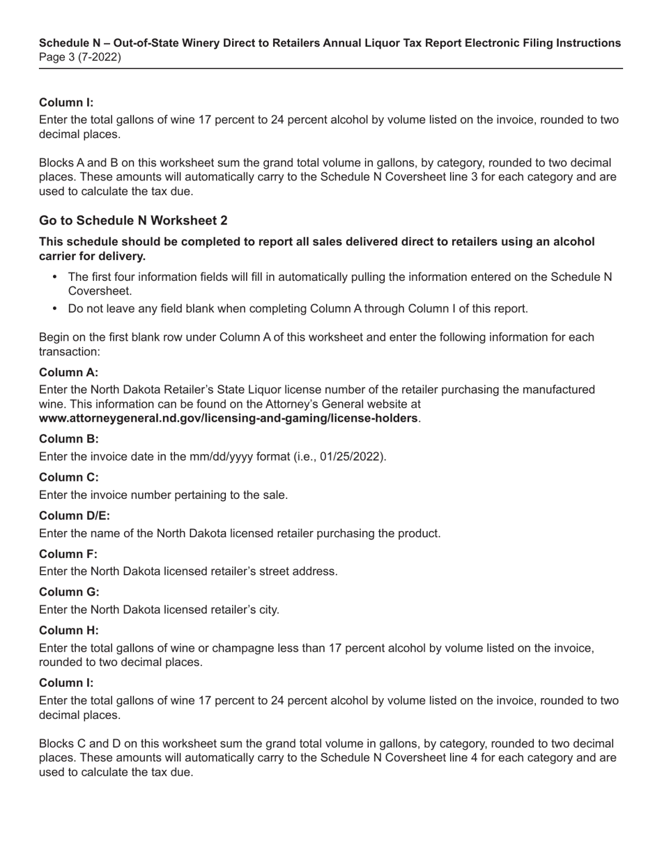 Instructions for Schedule N Out-of-State Winery Direct to Retailers Annual Liquor Tax Report - North Dakota, Page 3