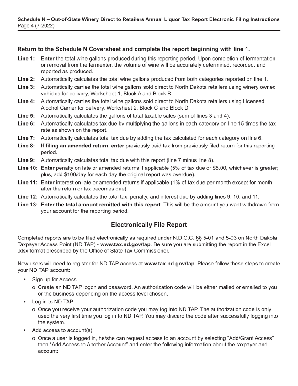 Instructions for Schedule N Out-of-State Winery Direct to Retailers Annual Liquor Tax Report - North Dakota, Page 4