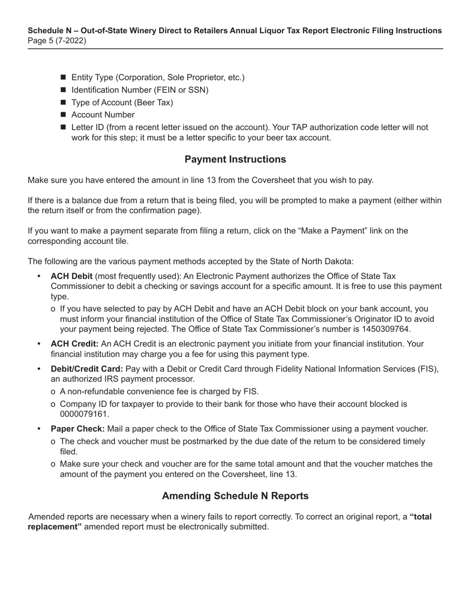 Instructions for Schedule N Out-of-State Winery Direct to Retailers Annual Liquor Tax Report - North Dakota, Page 5