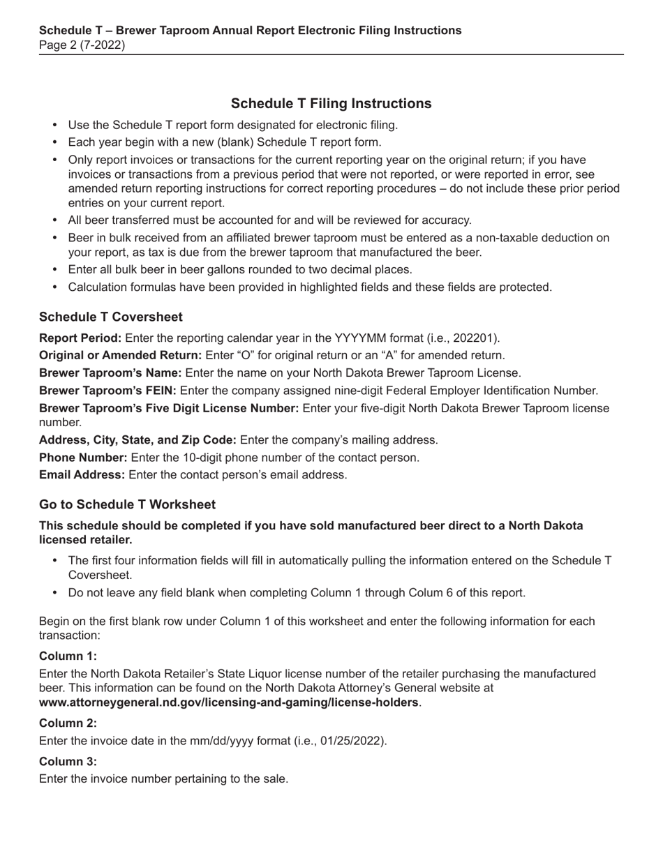 Instructions for Schedule T Brewer Taproom Annual Electronic Report - North Dakota, Page 2