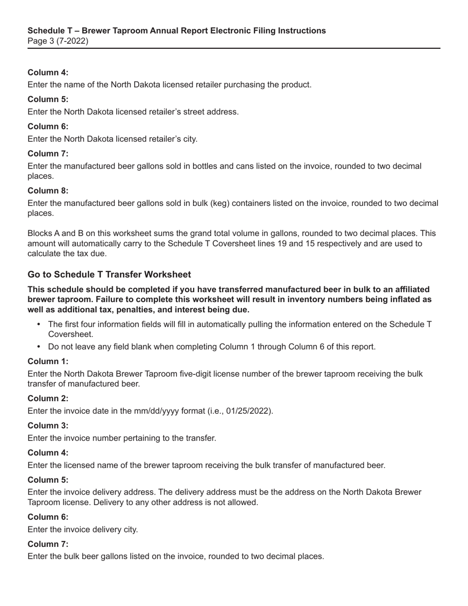 Instructions for Schedule T Brewer Taproom Annual Electronic Report - North Dakota, Page 3